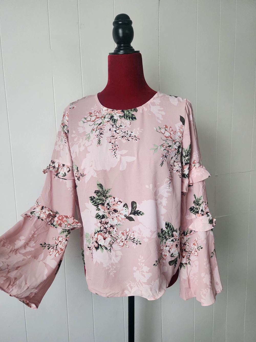 Maison Jules Pink Floral Ruffle Bell-Sleeve Blouse Small